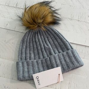 Quince Gray Ribbed Beanie with Faux Fur Pom-Pom